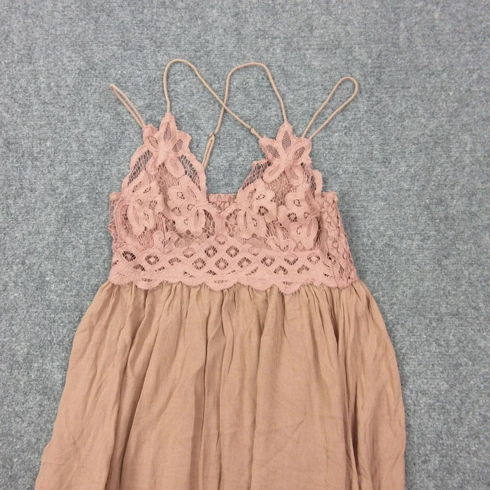 Free People Dress Womens Small Pink Lace Crochet Ruffle Strappy Swing Sundress - Picture 2 of 7